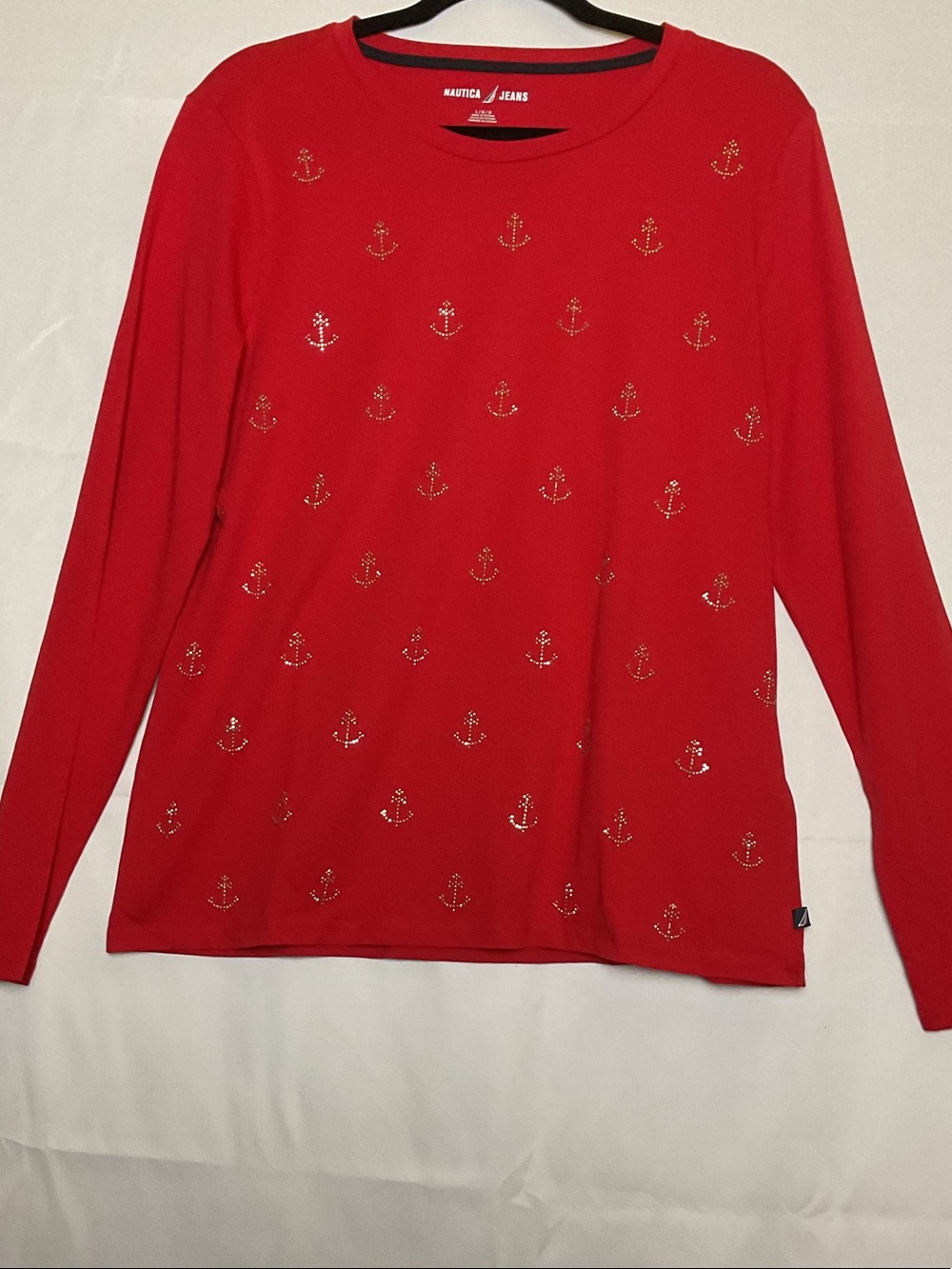 Nautica Red Long-Sleeve Crewneck Top with Anchor Studs
